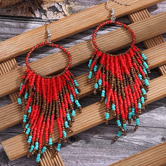 Long 5" Red Oversized Beaded Hoop Earrings New Southwestern Bohemian - Picture 3 of 4